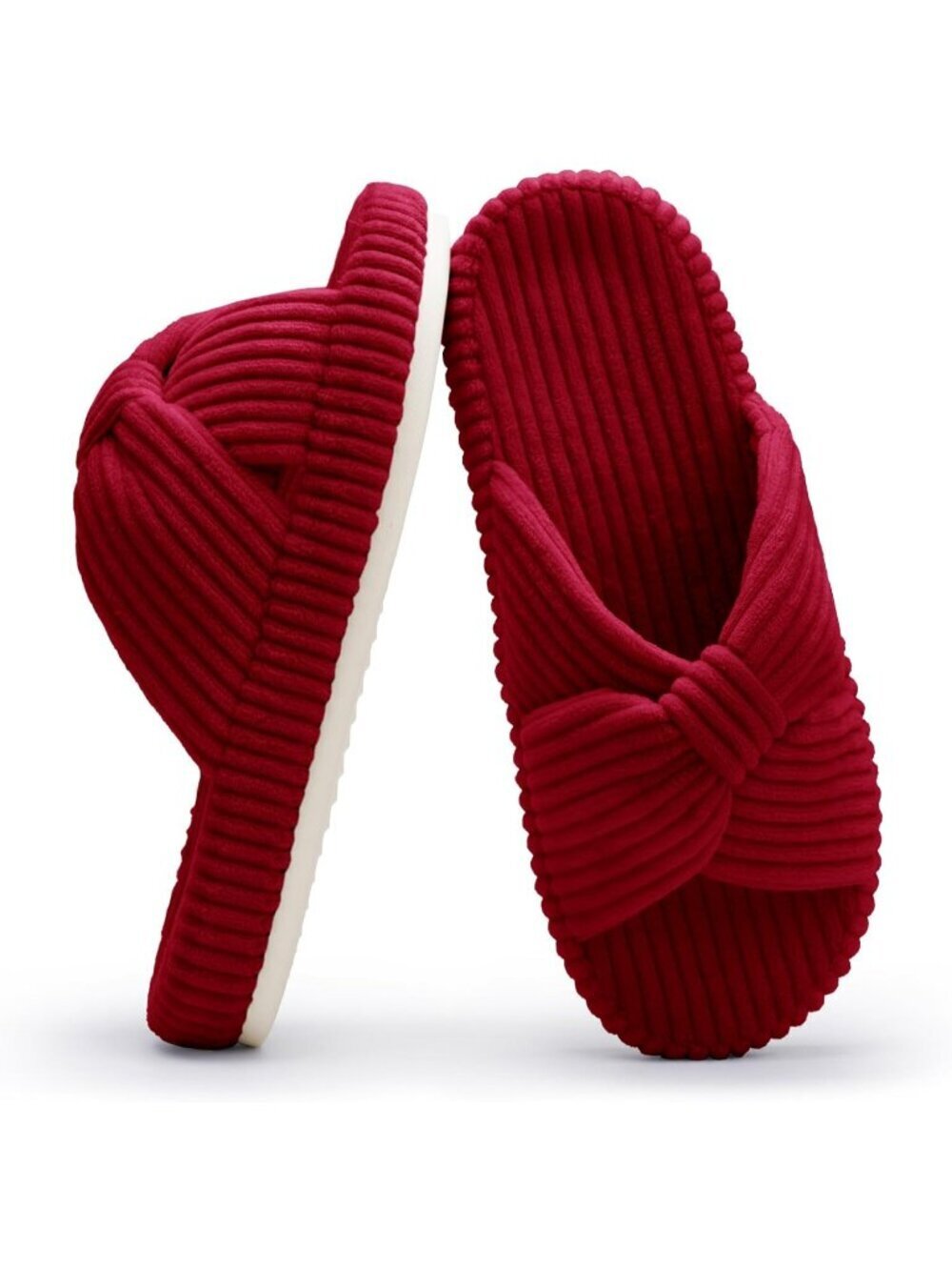 Women's Red Memory Foam House Corduroy Bow Crossbands Comfy Soft Slipper Shoes